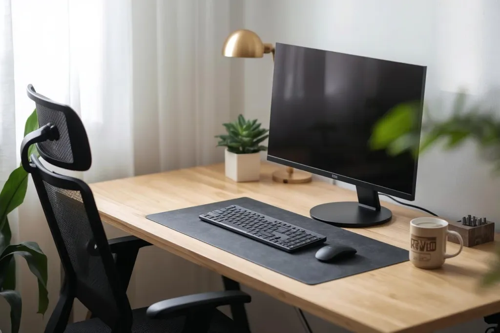 A clean, organized home office desk setup with monitor, keyboard, and a plant in warm ambient light